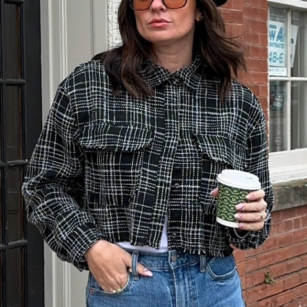 H&M Black & White Plaid Cropped Jacket